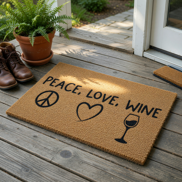 Peace Love Wine coir doormat featuring a natural tan fiber texture with black printed text and icons of a peace sign, a heart, and a wine glass, creating a fun and welcoming entryway decor piece for any home or apartment front