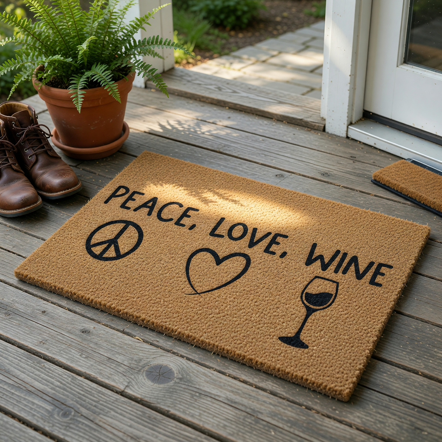 Peace Love Wine coir doormat featuring a natural tan fiber texture with black printed text and icons of a peace sign, a heart, and a wine glass, creating a fun and welcoming entryway decor piece for any home or apartment front