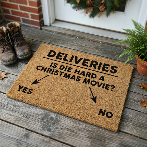 Funny Die Hard Christmas movie doormat featuring a natural coir texture with black text that asks delivery drivers to choose between yes or no, making it a humorous holiday home decor piece for any movie fan's front porch