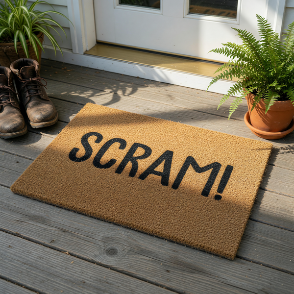 Scram funny doormat made of natural coir fiber with a rectangular shape, featuring bold black lettering centered on the textured brown surface to create a humorous and welcoming entrance for your home front porch or entryway