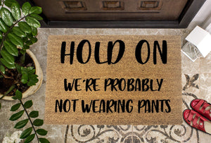 Hold On We're probably not wearing pants Funny Doormat