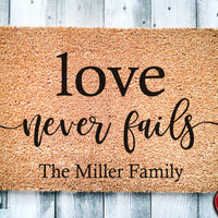 Love Never Fails Custom Family Name Doormat | Housewarming Gift | Wedding Gift | Custom Doormat | Personalized Doormat | Closing Gift