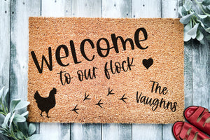 Welcome to Our Flock Personalized Family Name Chickens | Farm Doormat | Welcome Mat | Chicken Farmer Door Mat | Farm Gift | Home Doormat