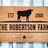 Personalized Custom Name and EST Cow Farm | Cow Steer Farm Doormat | Farmhouse Welcome Mat | Cow Farmer Door Mat | Farm Gift | Home Doormat