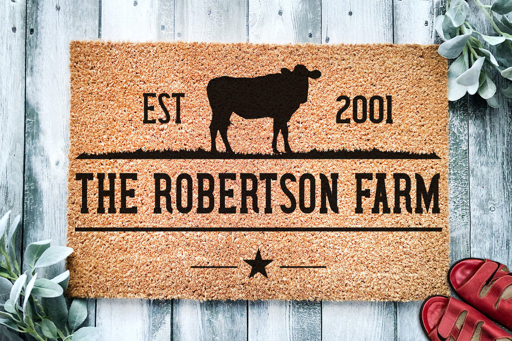 Personalized Custom Name and EST Cow Farm | Cow Steer Farm Doormat | Farmhouse Welcome Mat | Cow Farmer Door Mat | Farm Gift | Home Doormat