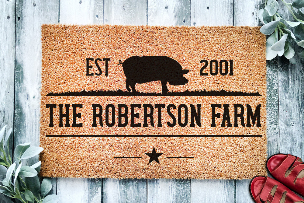 Personalized Custom Name and EST Pig Farm | Pig Hog Sow Farm Doormat | Farmhouse Welcome Mat | Farmer Door Mat | Farm Gift | Home Doormat