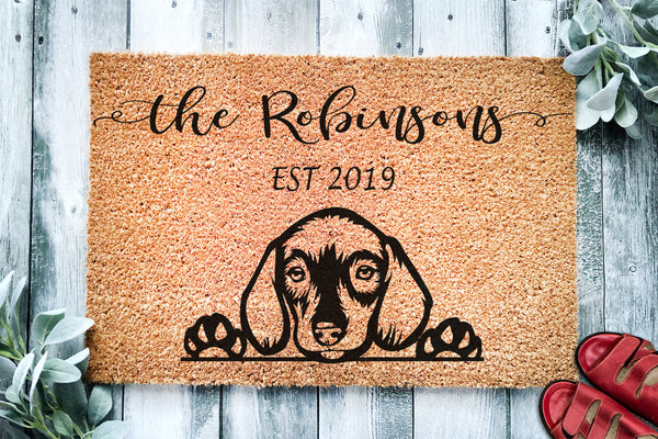 Dachshund Wiener Puppy Dog v2 | Personalized Doormat | Custom Doormat | Welcome Mat | Housewarming Gift | Closing Gift | Last Name Mat