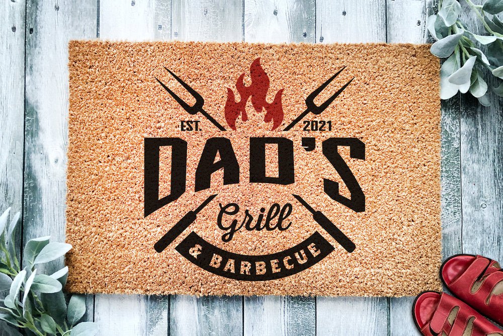 Dad's Grill And Barbecue Personalized Doormat | Father's Day Welcome Mat | BBQ Dad Grandpa Mat | Griller Fathers Day Gift | Home Doormat
