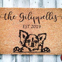 Long Haired Chihuahua Puppy Dog | Personalized Doormat | Custom Doormat | Welcome Mat | Housewarming Gift | Last Name Door Mat | Dog Gift