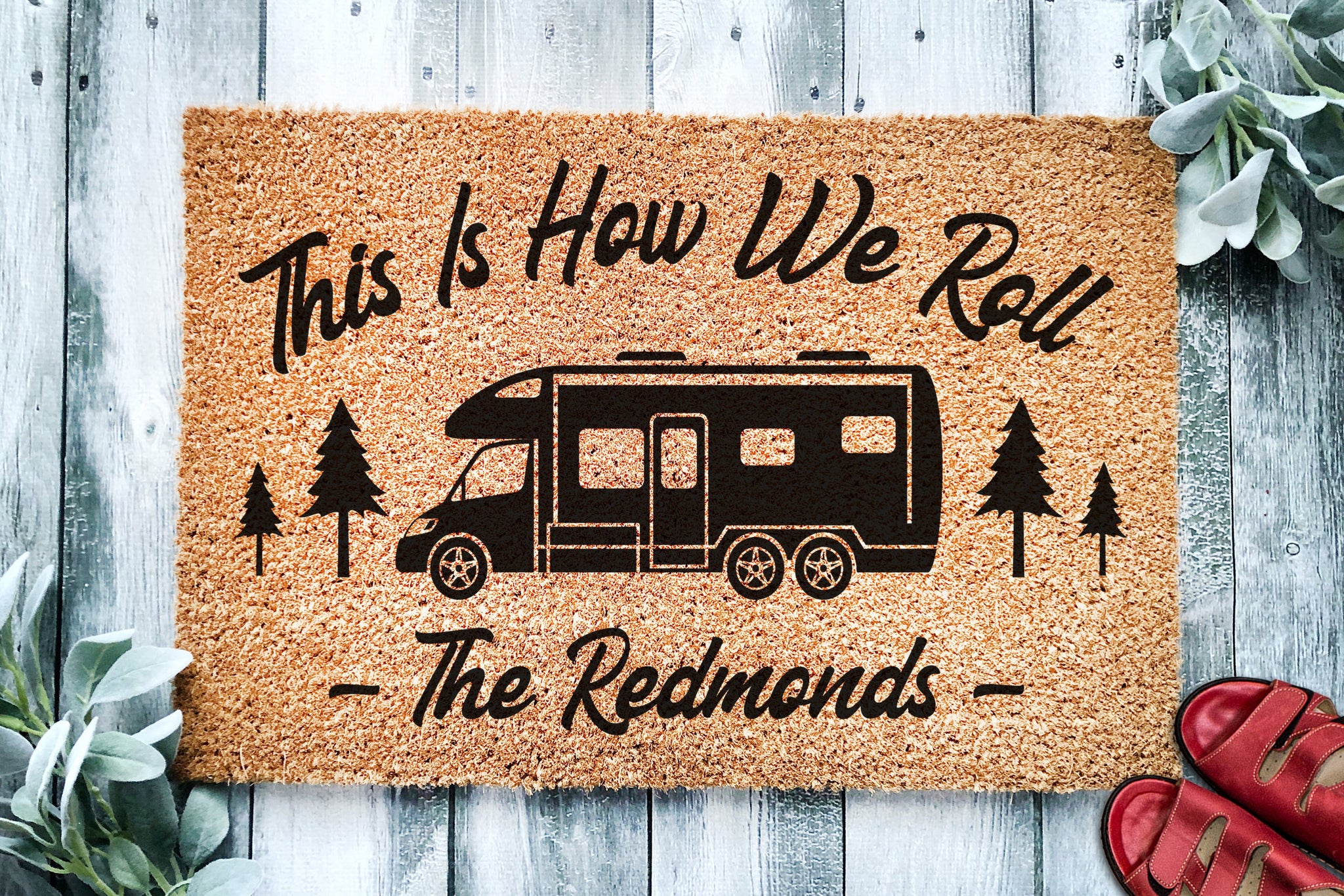 Personalized Happy Campers RV Doormat, Custom Family Name Camping