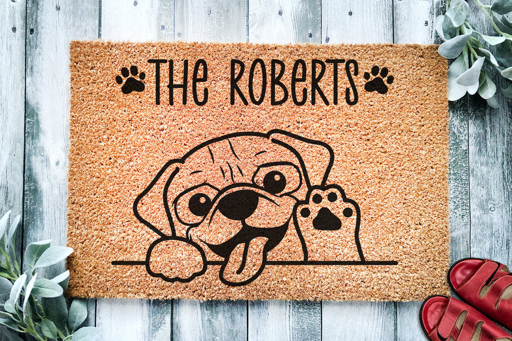 Cute Pug Personalized Doormat | Dog | Custom Doormat | Welcome Mat | Housewarming Gift | Last Name Doormat | Closing Gift | Pug Lover Gift