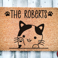 Cute Calico Cat Personalized Doormat | Waving Cat | Custom Doormat | Welcome Mat | Housewarming | Last Name Doormat | Closing Gift
