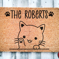 Cute Cat Personalized Doormat | Waving Cat | Custom Doormat | Welcome Mat | Housewarming | Last Name Doormat | Closing Gift