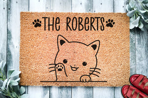 Cute Cat Personalized Doormat | Waving Cat | Custom Doormat | Welcome Mat | Housewarming | Last Name Doormat | Closing Gift