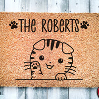 Cute Happy Tabby Cat Scottish Fold Personalized Doormat | Custom Doormat | Welcome Mat | Housewarming | Last Name Doormat | Closing Gift