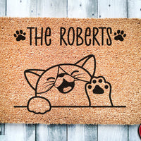 Happy Waving Cute Cat Personalized Doormat | Adorable Cat | Custom Doormat | Welcome Mat | Housewarming | Last Name Doormat | Closing Gift